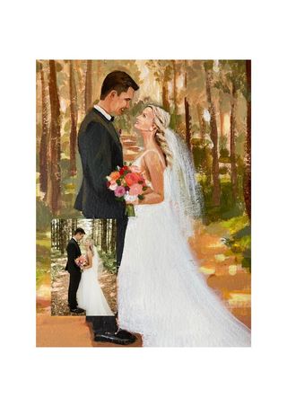 Wunderschönes Hochzeitsbild gemalt von Hochzeitsmalerin Elisabeth. Braut und Bräutigam schauen sich verliebt an. Man kann das Foto neben dem Bild sehen